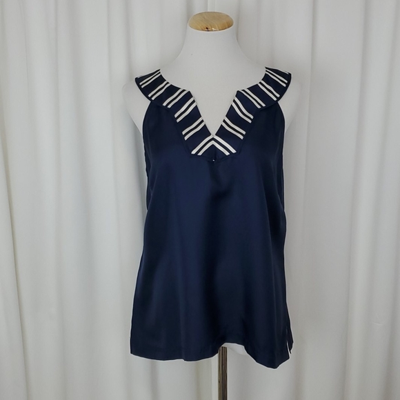 Vineyard Vines 100% Silk Stripe V Neck Piping Tank Navy Size 14 - Picture 1 of 12